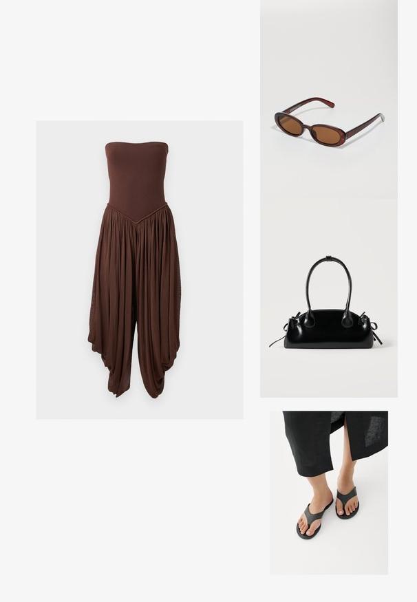 Combinaison marron sans bretelles avec corsage ajusté et pantalons larges, drapés et plissés créant une silhouette fluide.; Gros plan sur des pieds portant des sandales en cuir noire de type tongs, avec l'ourlet d'une jupe noire visible au-dessus des chevilles, sur un sol blanc.; Lunettes de soleil rondes teinte brun avec une monture bordeaux brillante. Branches fines avec un détail de marque subtil. Design de verres plats.; Petit sac à main noir brillant avec deux longues anses et des détails à cordon sur les côtés sur un fond clair uni.