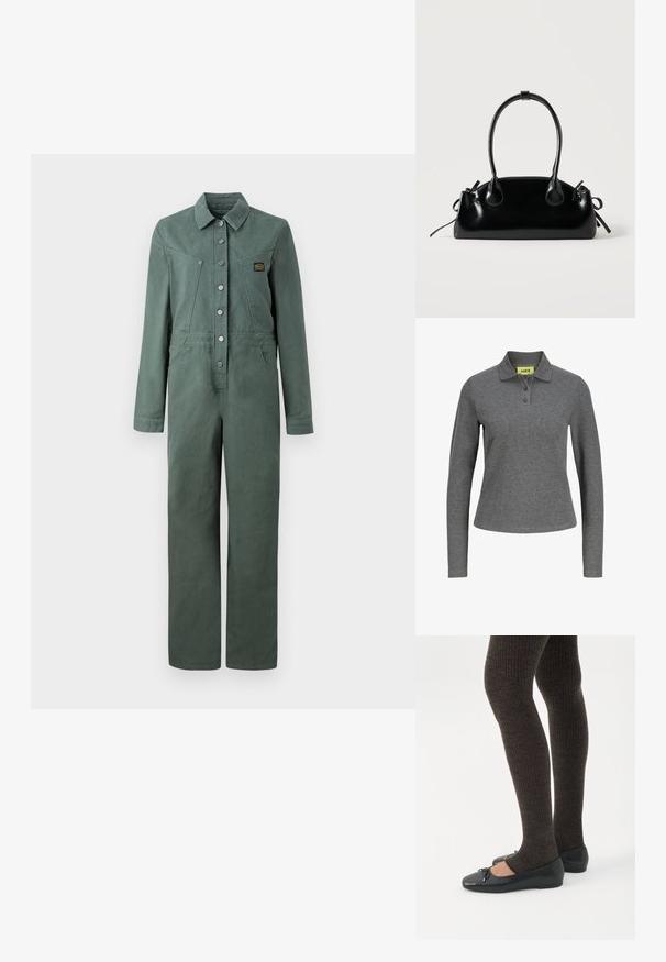 Combinaison en coton vert avec manches longues, boutons à l'avant, deux poches poitrine et une coupe droite. Comprend un patch logo sur la poitrine.; Polo manches longues gris foncé avec trois boutons et tissu côtelé, avec une étiquette jaune JJXX à l'intérieur du col.; Jambes portant des leggings côtelés foncés associés à des ballerines noires avec de petits détails en nœud sur fond blanc.; Petit sac à main noir brillant avec deux longues anses et des détails à cordon sur les côtés sur un fond clair uni.