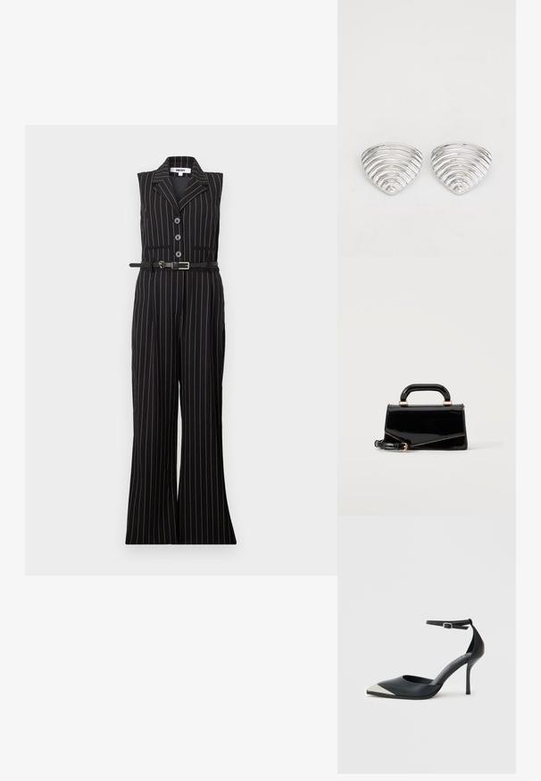 Combinaison noire sans manches à fines rayures blanches verticales, col cranté, cinq boutons et ceinture assortie à la taille. Pantalon évasé.; Chaussure à talon haut noire à bout pointu avec embout métallique argenté et bride à la cheville avec fermeture à boucle sur fond blanc.; Sac à main rectangulaire noir brillant avec poignée supérieure, ferrures dorées et bandoulière amovible, posé sur un fond clair uni.; Boucles d'oreilles en argent avec un design ondulé et texturé, en forme de croissants superposés ; la finition polie accentue les qualités réfléchissantes.