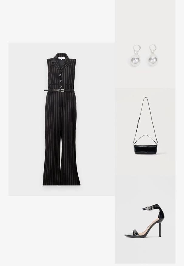 Combinaison noire sans manches à fines rayures blanches verticales, col cranté, cinq boutons et ceinture assortie à la taille. Pantalon évasé.; Sandale à talon haut en cuir verni noir avec bride à la cheville. Présente un design minimaliste, un bout ouvert et une boucle ornée de strass.; Sac bandoulière rectangulaire en cuir noir avec bandoulière ajustable, fermeture éclair sur le dessus et petit logo Calvin Klein doré sur le devant.; Boucles d'oreilles en argent en forme de goutte avec des surfaces lisses, rondes et réfléchissantes, suspendues à des fermoirs à ressort. L'arrière-plan est blanc uni.