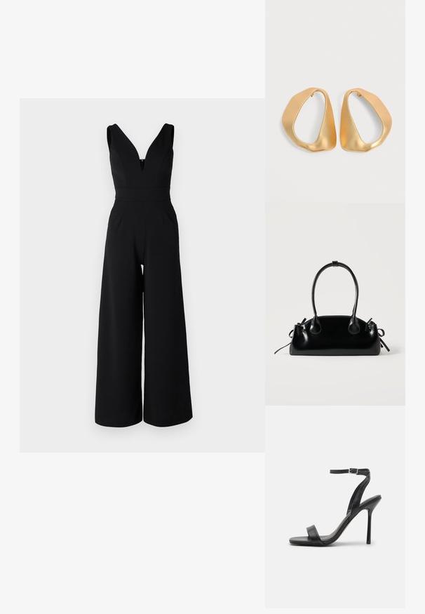 WAL G PETITE LIVA - Buksedragter - black; Sort højhælet sandal med en slank ankelrem og to forreste bånd. Lavet af glat læder med en slank spids tå og stilettohæl.; Lille sort blank håndtaske med to lange håndtag og snøre-detaljer i siden på en ensfarvet lys baggrund.; Par af uregelmæssige, asymmetriske gyldne hoop-øreringe med en glat, mat finish på en neutral baggrund.