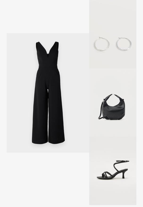 WAL G PETITE LIVA - Lühikeste varrukatega bodi - black; Even&Odd Wide Fit Sandaalid - black; Mustast punutud nahast käekott lühikese sangaga ja eemaldatava õlarihmaga, esitatud lameda heleda tausta ees.; Hõbedased metallist rõngakujulised kõrvarõngad, millel on sile, kergelt kaarduv pind ja lukustuvad tagused kinnitused, valgel taustal.