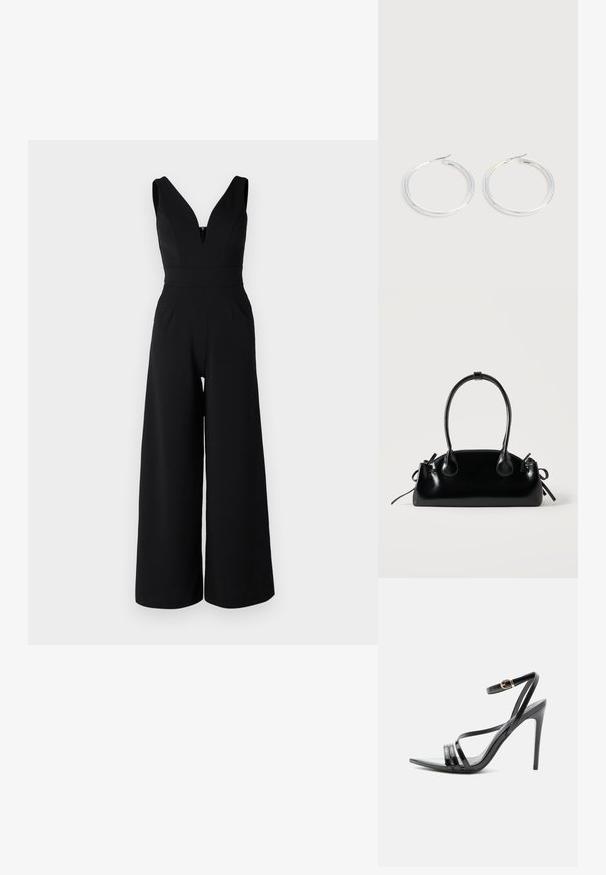WAL G PETITE LIVA - Ολόσωμη φόρμα - black; Μαύρο σανδάλι με ψηλό τακούνι και λεπτά λουράκια πάνω από τα δάχτυλα και τον αστράγαλο, με χρυσή αγκράφα σε λεπτό τακούνι στιλέτο.; Μικρή μαύρη γυαλιστερή τσάντα με δύο μακριές λαβές και λεπτομέρειες με ρυθμιζόμενο κορδόνι στο πλάι σε απλό ανοιχτό φόντο.; Ζεύγος λαμπερών ασημένιων κρίκων με λεπτές σύρμα σφραγίδες, παρουσιασμένα σε ανοιχτό γκρι φόντο.
