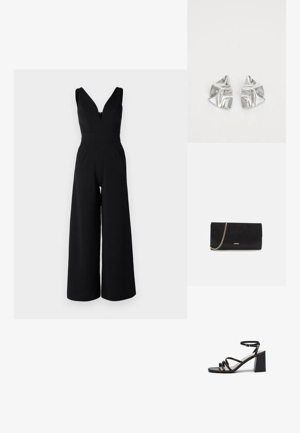 WAL G PETITE LIVA - Buksedragter - black; Sorte hæle sandaler med flere tynde stropper, firkantet tå og blokhæl, med en justerbar ankelrem. Glat lædertekstur.; Sort clutch taske lavet af ruskind med en struktureret overflade, udstyret med en guld kædestrop og et elegant, kantet design.; Sølvmetal øreringe med et bølgende, skulpturelt design, der har en poleret overflade og uregelmæssige former, hvilket fremhæver en moderne æstetik.
