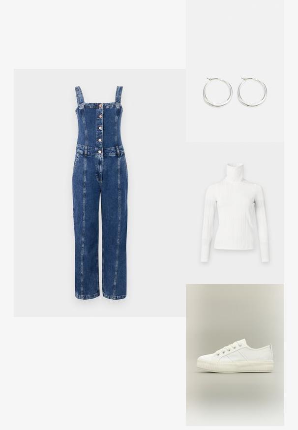 Salopette en denim avec un corsage ajusté, design jambes droites, bretelles réglables, boutons à l'avant et une teinte bleu moyen avec des coutures contrastées.; Pull en maille côtelée blanc avec un col roulé, à manches longues, présentant un col haut et une texture lisse. La coupe est ample et près du corps.; Baskets basses blanches avec semelle épaisse côtelée, lacets à l'avant et languette à l'arrière sur fond neutre.; Les boucles d'oreilles en argent en forme de créole présentent un design lisse et arrondi avec un profil fin et un fermoir sécurisé. Style minimaliste avec une finition polie.