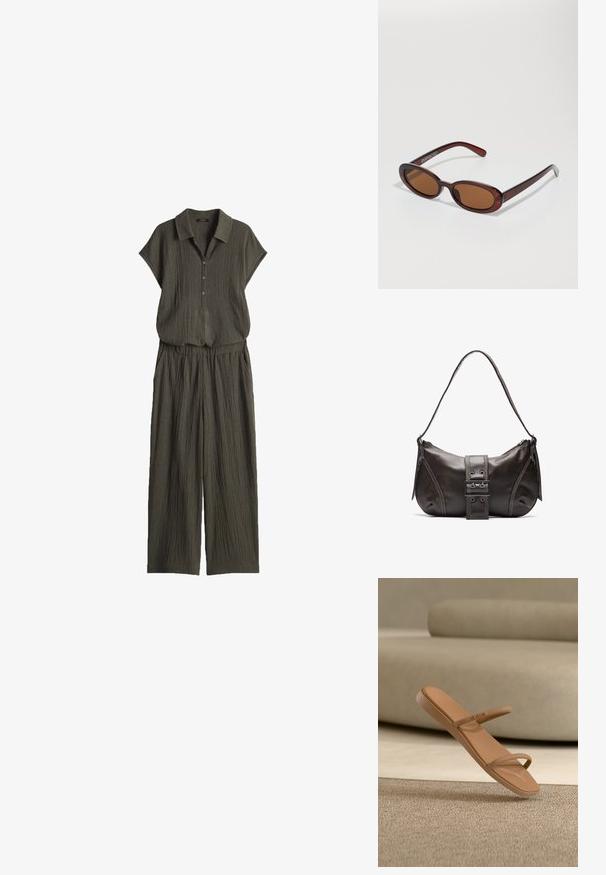 Olijfgroene jumpsuit van gestructureerde stof, met korte mouwen, een kraag, knopen aan de voorkant, een elastische taille en brede broekspijpen.; Bruine instapsandaal met twee dunne bandjes, getoond boven een beige getextureerd oppervlak en voor een licht beige gewatteerde achtergrond.; Ronde, bruin getinte zonnebril met een glanzend bordeauxrood frame. Slanke pootjes met subtiele merkdetails. Vlakke lensontwerp.; Bruine leren schoudertas met een gebogen vorm, voorzien van een opvallende gespdetail, contrasterende stiksels en een enkele schouderband.
