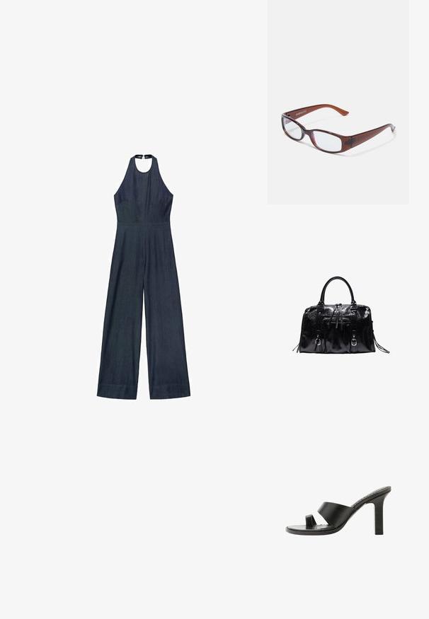 Mørk denim jumpsuit med halterneck-design, brede ben og tætsiddende overdel. Glat tekstur uden synlige mønstre eller dekorationer.; Sort højhælet sandal med bred rem over foden og en tåloop, vist fra siden på en hvid baggrund.; Brune-farvede rektangulære briller med en glat overflade, der har slanke arme og gennemsigtige linser. Logoet er synligt på venstre temple.; Sort blank læderhåndtaske med to håndtag, frontlynlåslomme, dekorative remme og sølvfarvet metalbeslag.