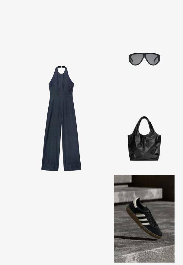 Mørk denim jumpsuit med halterneck-design, brede ben og tætsiddende overdel. Glat tekstur uden synlige mønstre eller dekorationer.; Sort Adidas-sneaker med hvide striber og gummisåler, svævende over grå betontrapper i naturligt lys.; Store sorte pilot-solbriller med mørketonede linser, vist mod en hvid baggrund.; Sort læder tote taske med en glat overflade, en blød, afrundet top og brede håndtag. Har minimal syning og en afslappet silhuet.