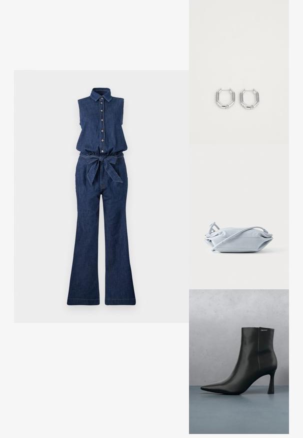 Denim jumpsuit med ærmeløs design, krave, frontknaplukning og bælte i taljen. Har flagrende ben og mørkeblå farve.; Sort læder ankelstøvle med spids tå og geometrisk hæl. Har subtil branding og en glat overflade. Baggrunden består af strukturerede fliser.; Blød, lyseblå læder crossbodytaske lagt fladt med tynd rem og rynket detalje på hvid baggrund.; Et par sølv geometriske hoop øreringe med en hexagonal form og små indlejrede krystaller langs kanterne på en lys, ensfarvet baggrund.