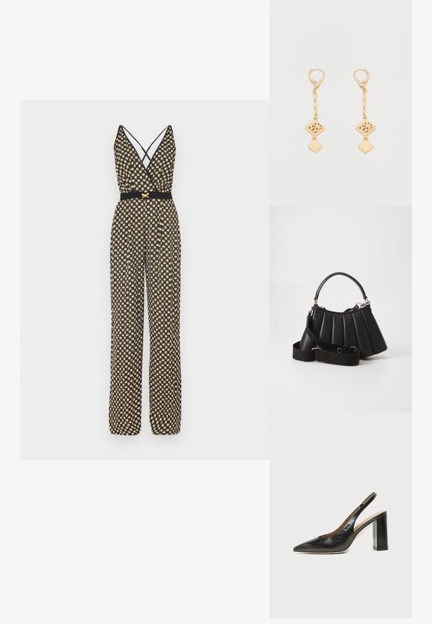 Sort og guld-mønstret jumpsuit med v-udskæring, krydset stropper, brede ben og et tætsiddende sort taljebånd.; Sort læder peep-toe slingback sko med høj blokhæl og beige indvendig foring mod en ensfarvet lys baggrund.; Sort plisseret handbag med et rundet håndtag, justerbar rem og blank overflade. Har sølvfarvet hardware og en struktureret silhuet.; Øreringe med guldfarvet drop, der har en tekstureret diamantformet vedhæng og en glat firkantet detalje, begge hængende fra en kæde med led.