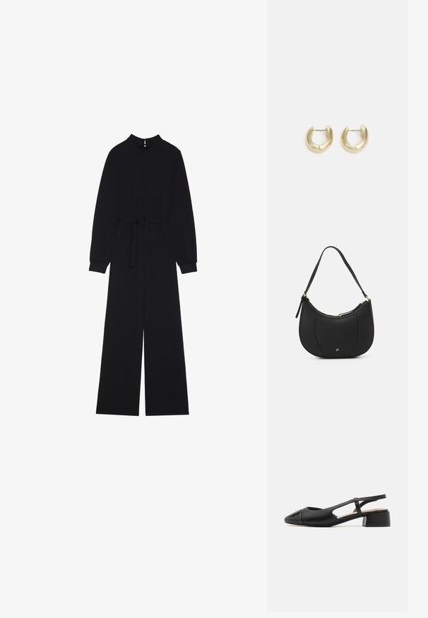 Combinaison noire à manches longues, col montant, taille ceinture avec boucle ronde, et pantalon large. Tissu lisse au design minimaliste.; Chaussure slingback en cuir noir avec un bout pointu, un petit talon carré, un design découpé et une texture lisse. Accentuée par un bout brillant.; Sac à main en cuir noir avec une forme courbée, surface texturée, coutures avant et un logo doré. Il est doté d'une seule sangle ajustable.; Boucles d'oreilles en or avec une finition lisse et polie. Doté d'une forme en demi-cercle et d'une fermeture à tige sécurisée.