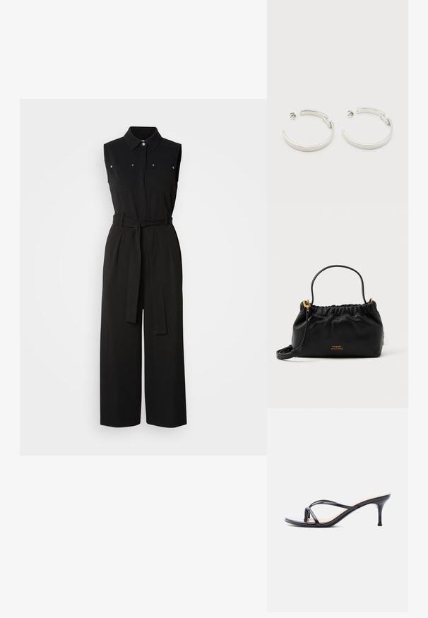 Combinaison noire sans manches avec col, deux poches avant, taille ceinturée, jambes larges et texture de tissu lisse.; Sandale à talon en cuir verni noir avec fines lanières croisées et talon aiguille moyen et élancé sur fond blanc.; Sac à main en cuir noir avec un haut froncé, une courte poignée et une bandoulière amovible. Présente un accent logo en or et une texture lisse.; Boucles d'oreilles demi-cercles ton argent avec texture striée et fermoirs à pression sur fond blanc.