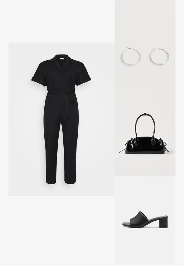 Schwarzer Jumpsuit mit kurzen Ärmeln, einem Kragen und einem Gürtel in der Taille. Vor einem weißen Hintergrund platziert. schlichtes und stilvolles Design.; Schwarze Leder-Mules mit Blockabsatz und offenem Zehenbereich, mit einer glatten Oberfläche und einem leicht geschwungenen Schaft für Komfort und Stil.; Kleine schwarze glänzende Handtasche mit zwei langen Griffen und seitlichen Kordelzug-Details vor einfachem hellem Hintergrund.; Silberne Metallcreolen mit glatter, leicht gebogener Oberfläche und Klappverschluss vor schlicht weißem Hintergrund.