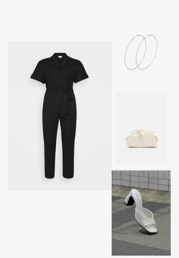 Čierny overal s krátkym rukávom, golierom a opaskom v páse. Umiestnený na bielom pozadí. Jednoduchý a štýlový dizajn.; Jeden biely otvorený mule s blokovým podpätkom stojí na šedom asfalte pred dlaždicovou stenou.; Mäkká krémová kožená kabelka typu clutch so zošitým, nariaseným dizajnom a tenkým ramenným popruhom, ktorý je položený vpredu na jednofarebnom pozadí.; Strieborné kruhové náušnice s minimalistickým dizajnom. Cirkulárny tvar, hladký povrch a tenký profil. Ľahké s lesklým povrchom.
