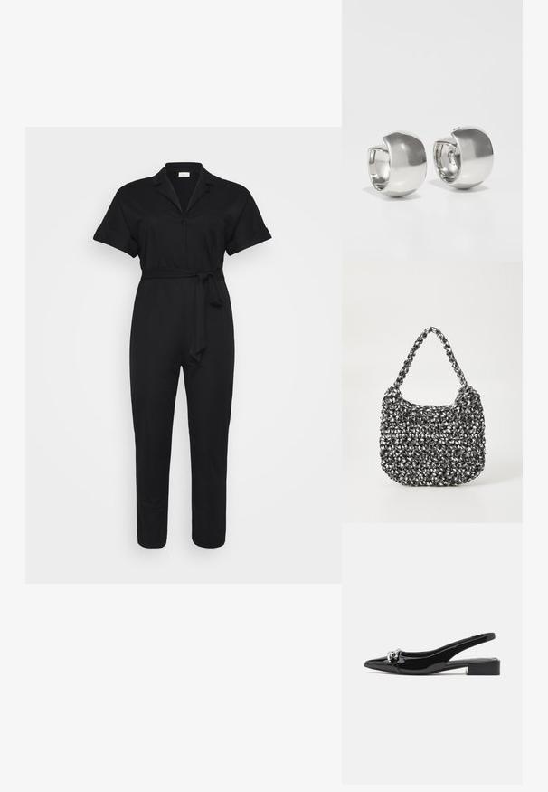 Schwarzer Jumpsuit mit kurzen Ärmeln, einem Kragen und einem Gürtel in der Taille. Vor einem weißen Hintergrund platziert. schlichtes und stilvolles Design.; Schwarzer Slingback-Schuh aus Lackleder mit spitzer Kappe, niedrigem Blockabsatz und silberfarbenem Schmuckdetail vorne.; Gewebte Handtasche in Schwarz und Weiß mit runder Form, strukturiertem Oberflächenfinish und geflochtener Grifffläche. Geeignet für den lässigen Gebrauch.; Uncommon Matters SCULPTURAL LARGE CREOLE - Ohrringe - silver-coloured