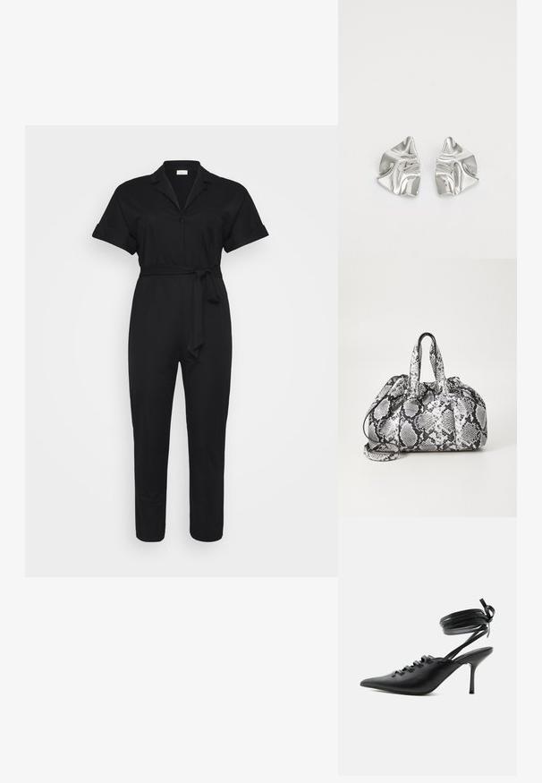 Schwarzer Jumpsuit mit kurzen Ärmeln, einem Kragen und einem Gürtel in der Taille. Vor einem weißen Hintergrund platziert. schlichtes und stilvolles Design.; Schwarzer spitzer High-Heel-Schuh mit Schnürung vorne und wickelnden Knöchelriemen, die zu einer Schleife gebunden sind, von der Seite auf weißem Hintergrund gezeigt.; Schwarz-weiße Handtasche im Schlangenhautmuster mit zwei Griffen, einem Kordelzugverschluss und einem abnehmbaren Schultergurt. Glatte Textur.; Silberne Metallohrringe mit einem wellenförmigen, skulpturalen Design, das eine polierte Oberfläche und unregelmäßige Formen aufweist, die eine zeitgenössische Ästhetik betonen.