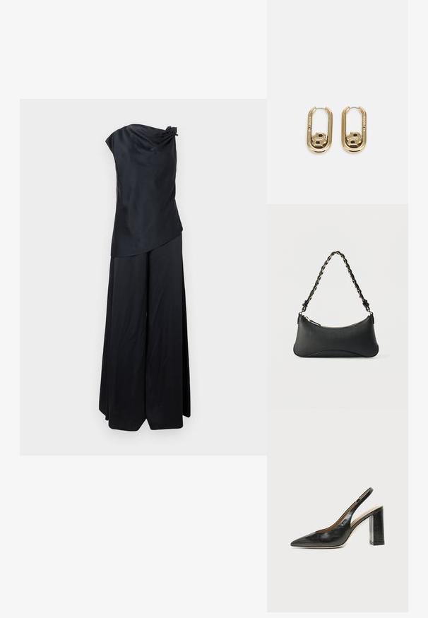 Combinaison noire en satin à une épaule avec pantalon à jambes larges et détail noué à l'épaule.; Chaussure slingback en cuir noir à bout pointu avec un talon bloc haut et une doublure intérieure beige sur un fond clair uni.; Sac à bandoulière en cuir noir de forme rectangulaire incurvée, avec une chaîne dorée tissée dans la bandoulière noire tressée et une fermeture éclair sur le dessus.; BOSS DOUBLE B SWING - Boucles d'oreilles - gold-coloured