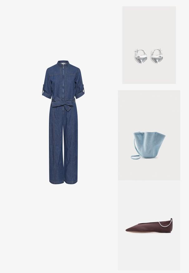 Denim jumpsuit med lynlås foran, krave, korte oprullede ærmer og bælte i taljen. Rig blå farve med synlige sømme og brede ben.; Mørkebrun flad sko med spids tå, lav hæl og en sølvfarvet rhinstenkæde detalje bagpå.; Lyseblå stofhåndtaske med lang strop, bred åbning øverst og stikninger i lodrette sømme, sat mod en ensfarvet hvid baggrund.; Par skinnende sølv hjerteformede hængelås øreringe med små nøglehul detaljer på en ensartet lys baggrund.