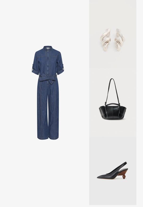 Denim jumpsuit med lynlås foran, krave, korte oprullede ærmer og bælte i taljen. Rig blå farve med synlige sømme og brede ben.; Sort slingback-sko med spids tå, træblokhæl med rund form og glat læderoverdel på en lysegrå baggrund.; Sort læderhåndtaske med en buet silhuet, opsamlede sider, flettet håndtag og en lang tynd rem mod en hvid baggrund.; Tvistede sølvfarvede ørestikker med en glat, blank overflade, der har et moderne, abstrakt spiraldesign.