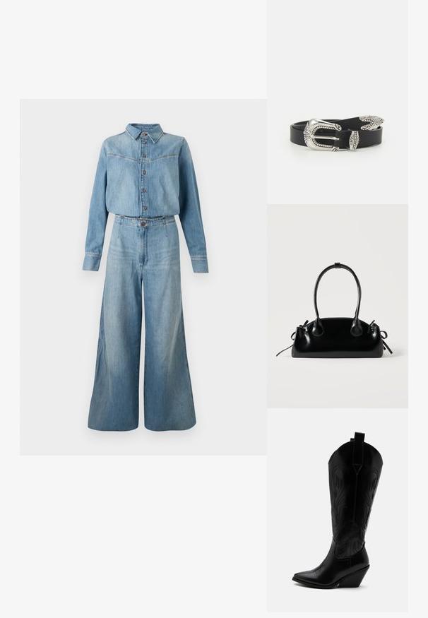 Denim overhemd en jumpsuit met wijde pijpen in lichtblauw. Heeft een kraag, knopen aan de voorkant, lange mouwen en een ceintuur in de taille voor een goede pasvorm.; Zwarte leren cowboylaars met puntige neus, schuine blokhak, decoratieve stiksels en aantreklusjes bovenaan tegen een witte achtergrond.; Kleine zwarte glanzende handtas met twee lange hengsels en zijkant trekkoord details op een effen lichte achtergrond.; Zwarte leren riem met een grote zilveren metalen gesp met ingewikkelde details en decoratieve accenten aan beide uiteinden.