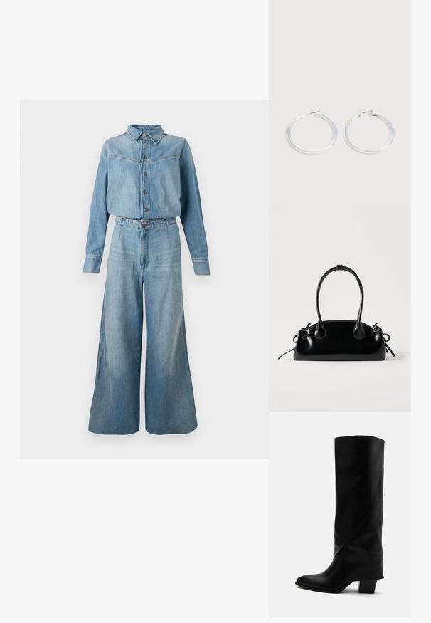 Denimskjorte og jumpsuit med vide ben i lys blå. Har krave, knaplukning, lange ærmer og en bælte i taljen for pasform.; Høj sort læderstøvle med skråt syning, spids tå og kraftig mellemhøj hæl på hvid baggrund.; Lille sort blank håndtaske med to lange håndtag og snøre-detaljer i siden på en ensfarvet lys baggrund.; Par skinnende sølvøreringe med tynde trådlåse, vist på en lys grå baggrund.