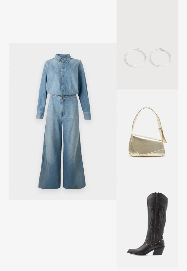 Denimskjorte og jumpsuit med vide ben i lys blå. Har krave, knaplukning, lange ærmer og en bælte i taljen for pasform.; Brune læder cowboystøvler med flammebroderi, sidelukning med lynlås, sølvnitter, spids snude og lagdelt hæl.; Guldmetallisk håndtaske med et struktureret design, glat tekstur og justerbar rem. Har en unik trekantet form og minimalistisk syning.; Par skinnende sølvøreringe med tynde trådlåse, vist på en lys grå baggrund.