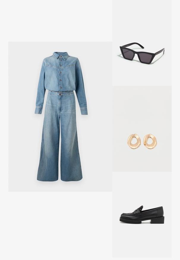 Denim overhemd en jumpsuit met wijde pijpen in lichtblauw. Heeft een kraag, knopen aan de voorkant, lange mouwen en een ceintuur in de taille voor een goede pasvorm.; Zwarte leren loafers met een vierkante neus en blokhak. Bevat decoratieve stiksels en gepunte accenten op de bovenkant.; Zwarte, hoekige zonnebril met grijze lenzen; gemaakt van plastic, met dikke armen met een gladde oppervlakte en zonder zichtbare hardware.; Set van onregelmatig gevormde, gepolijste hoepel oorbellen van goudkleurig metaal met een open midden op een effen witte achtergrond.
