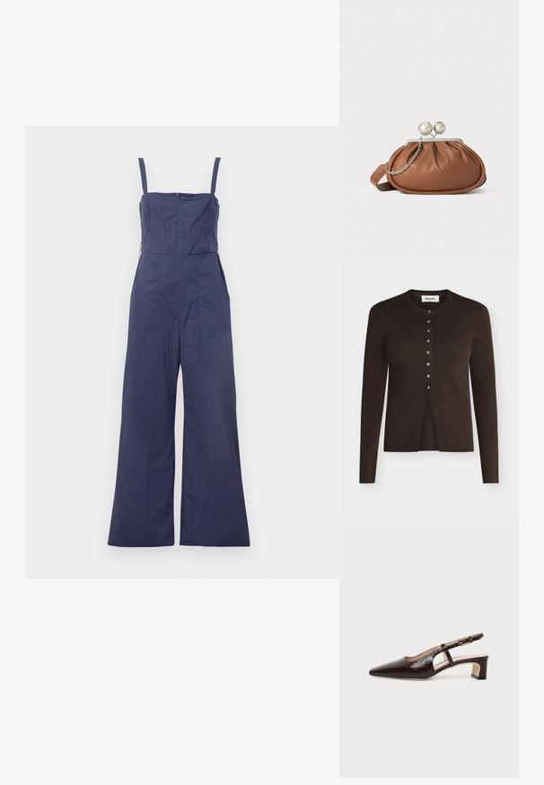 Mørkeblå jumpsuit med tynde stropper, tætsiddende bodice og brede bukser. Har en lynlås bagpå og en glat stofstruktur.; Mørkebrun ribstrikket cardigan med lange ærmer, rund halsudskæring og syv knapper foran, let åben forneden i midten.; Mørkebrune slingback sko i krokodillelæder med spids tå, lav blokhæl og justerbar rem med guldfarvet spænde.; Brun læder clutch-pung med sølv kugleklap og en lille sølv kædedetalje på en hvid baggrund.
