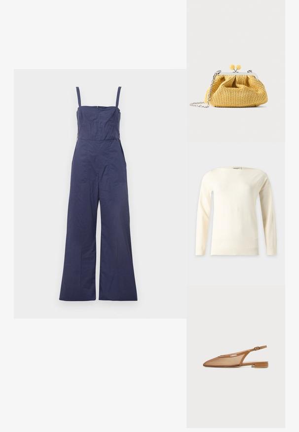 Mørkeblå jumpsuit med tynde stropper, tætsiddende bodice og brede bukser. Har en lynlås bagpå og en glat stofstruktur.; Langærmet, off-white striktrøje med bådhals og ribstrikkede kanter, vist på en ensfarvet lys baggrund.; Brun slingback flad sko med spids tå, tynd rem med spænde og lav blokhæl på hvid baggrund.; Lille gul vævet håndtaske med sølvramme, to gule kuglelåse og en sølvkæde som rem på hvid baggrund.
