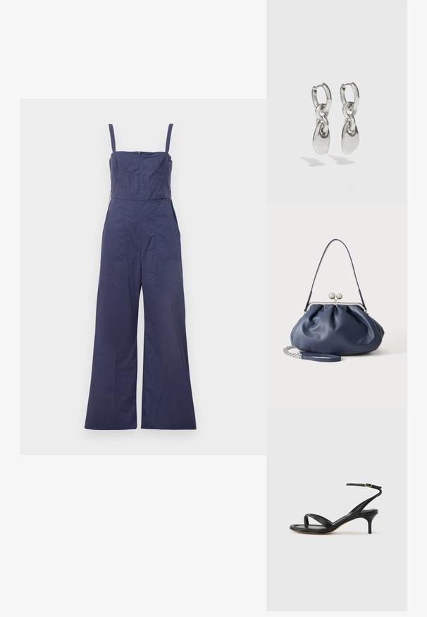 Combinaison bleu marine avec bretelles fines, corsage ajusté et pantalon large. Équipée d'une fermeture éclair au dos et d'une texture de tissu lisse.; Sandale pour femme en cuir noir avec fines lanières, une boucle d'orteil, une boucle à la cheville et un talon aiguille de hauteur moyenne sur un fond neutre.; Sac à main en cuir bleu marine doux avec fermeture à boucle argentée, une seule bandoulière, et une chaîne de poignet amovible sur fond blanc.; Boucles d'oreilles en argent avec des maillons ovales allongés, présentant une finition polie et un pendentif tombant texturé. Design simple avec des bords lisses.