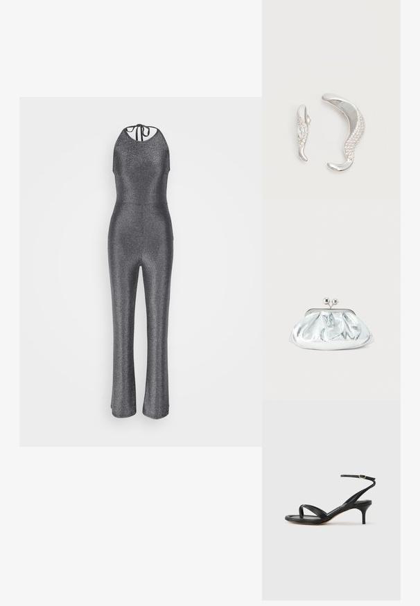 Combinaison argent métallisé avec un col halter, un corsage ajusté et des jambes évasées. Dotée d'une fermeture à nouer au dos, faite d'un tissu extensible.; Sandale pour femme en cuir noir avec fines lanières, une boucle d'orteil, une boucle à la cheville et un talon aiguille de hauteur moyenne sur un fond neutre.; Petit sac pochette métallique argenté avec un design arrondi et froncé, fermeture à clip avec deux boules argentées.; Deux boucles d'oreilles argentées courbées, l'une plus grande que l'autre, toutes deux ornées de petits cristaux scintillants le long d'un bord.