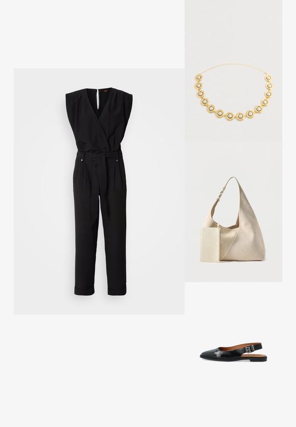 Sort ærmeløs jumpsuit med en indviklet design, bælte i taljen, lige ben og V-udskæring. Har en nøglehul-rygåbning og sidelommer.; Sort laklæder flad slingback med spids tå, sølvspænde og tanfarvet polstret indersål.; Beige stof hobo taske med justerbar rem og vedhæftet lille rektangulær lynlåslomme i matchende farve.; Gul kædedyse med jævnt fordelte cirkulære led, hver med en central perle-lignende perle, lagt ud på en lys baggrund.