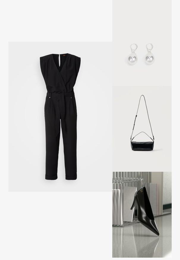 Sort ærmeløs jumpsuit med en indviklet design, bælte i taljen, lige ben og V-udskæring. Har en nøglehul-rygåbning og sidelommer.; Sort højhælet sko med spids tå og guldlogo, placeret på en reflekterende overflade nær en krom trådfilholder med dokumenter.; Sort rektangulær læder crossbody-taske med justerbar skulderrem, top lynlås og lille gyldent Calvin Klein-logo foran.; Sølv dråbeøreringe med glatte, runde, reflekterende overflader hængende fra svingelukkede låse. Baggrunden er helt hvid.