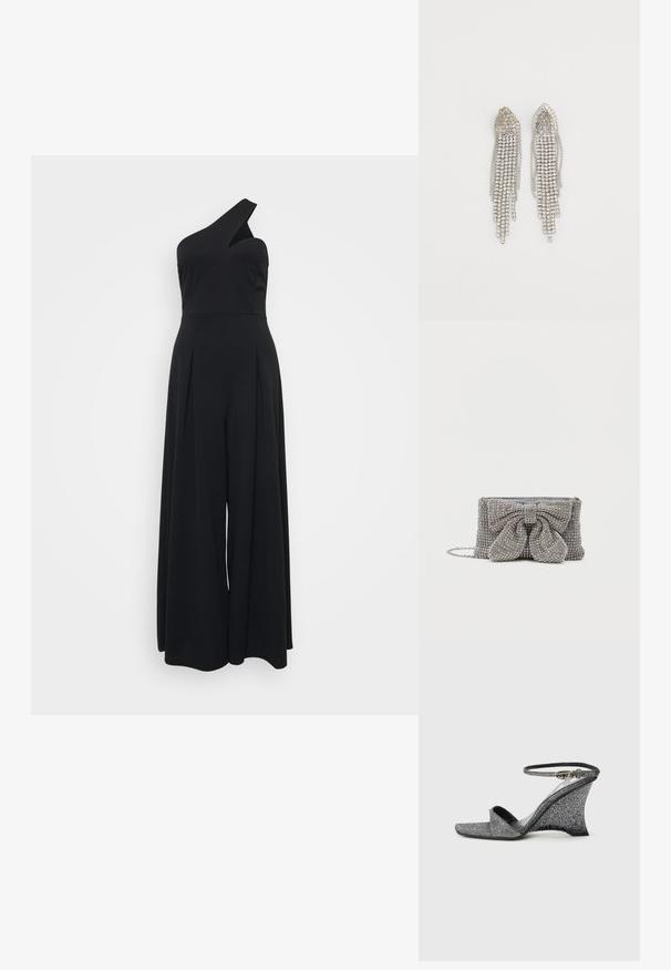 WAL G PETITE ELI ONE SHOULDER - Ολόσωμη φόρμα - black; Ασημένιο σανδάλι πλατφόρμα με γκλίτερ, ανοιχτή μύτη, λουρί στον αστράγαλο και χρυσή αγκράφα, εμφανίζεται από το πλάι σε απλό φωτεινό φόντο.; Λαμπερή γκρι τσάντα χειρός με υφή, διαθέτοντας μια μεγάλη κορδέλα μπροστά και αλυσίδα για τον ώμο. Συμπαγές ορθογώνιο σχήμα.; Ασημένια σκουλαρίκια με καταρρέουσα σχεδίαση, με πολλαπλές σειρές από λαμπερούς ιριδισμούς, με αιχμηρές άκρες και λεπτές αλυσίδες.