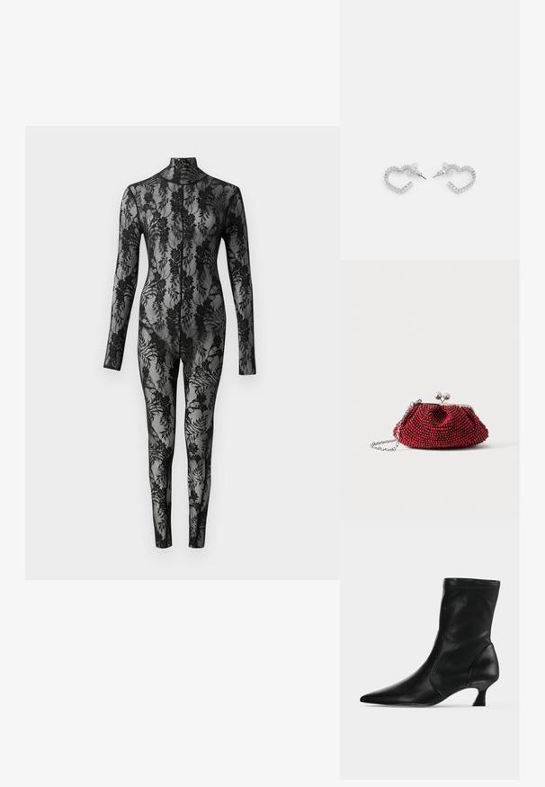 Bodysuit negro de encaje con mangas largar, cuello alto y un patrón floral que cubre toda la superficie. Diseño ajustado con textura transparente.; Bota negra de cuero hasta media pantorrilla con puntera puntiaguda y tacón bajo tipo kitten, vista de lado sobre un fondo claro y liso.; Pequeño bolso de mano rojo con cuentas, cierre plateado y correa de cadena sobre un fondo blanco liso.; Pendientes en forma de corazón hechos de metal en tono plateado, con una fila de rhinestones rectangulares claros a lo largo de los bordes.