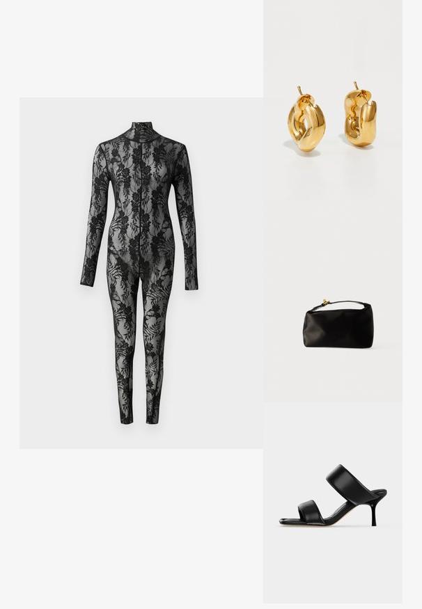 Sort blonde bodysuit med lange ærmer, høj krave og blomstermønster, der dækker hele overfladen. Tæt siddende design med gennemsigtig tekstur.; Sort læder mule sandal med to brede remme og en slank mellemhøj stiletthæl på en ensartet lys baggrund.; Sort satinpung med en afrundet form, et håndtag i toppen og en guldaccentlås. Glat tekstur med et minimalistisk design.; Chunky guld hoop øreringe med et let snoet, rørformet design og postsystem bagpå, på en hvid baggrund.
