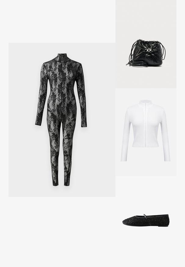 Sort blonde bodysuit med lange ærmer, høj krave og blomstermønster, der dækker hele overfladen. Tæt siddende design med gennemsigtig tekstur.; Hvid ribstrikket lynlåstrøje med lange ærmer og høj krave. Har en central lynlås og et tætsiddende design, der viser et tekstureret materiale.; Sort flad ballerina med rund tå, dekoreret med små palietter og en tynd justerbar rem over vristen.; Sort lædertaske med snor og rynket design, sølvdetaljer og justerbare stropper. Tekstureret overflade giver dybde.
