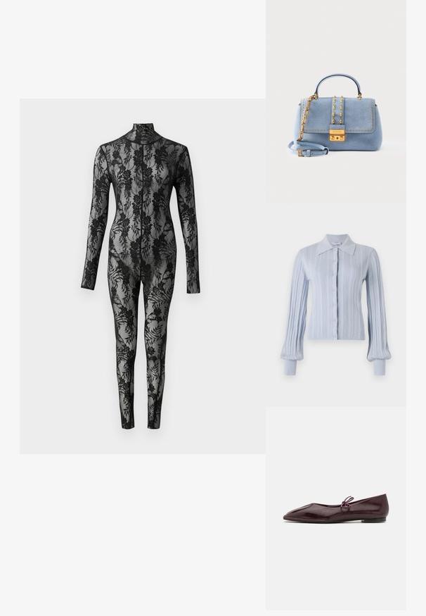Sort blonde bodysuit med lange ærmer, høj krave og blomstermønster, der dækker hele overfladen. Tæt siddende design med gennemsigtig tekstur.; Lysblå cardigan med ribbet tekstur, knaplukning og krave. Har lange ærmer med tætsiddende manchetter.; Ballethæle i bordeaux laklæder med spids tå og en dekorativ lilla sløjfe på forfoden; flad såldesign.; Lyseblå ruskindshåndtaske med gyldne nitter, kædedetalje, øverste håndtag, justerbar rem og gylden låsebeslag på den forreste klap.