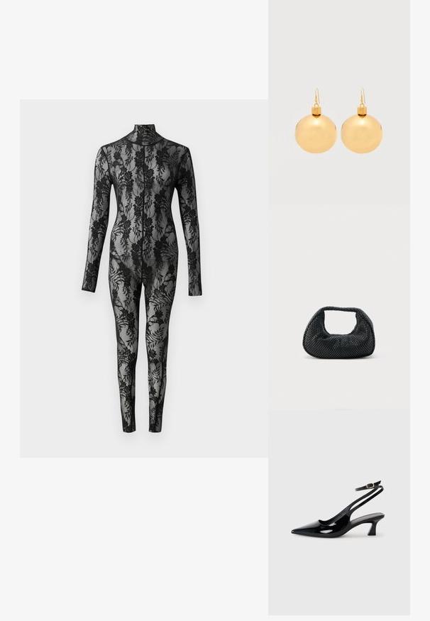 Zwart kanten bodysuit met lange mouwen, hoge kraag en een bloemmotief dat het hele oppervlak bedekt. Strak aansluitend ontwerp met doorzichtige textuur.; Zwarte gepatineerde leren slingback hakken met een puntige neus, lage blokhak en een verstelbare enkelband met een gouden gespsluiting.; Zwarte geweven hobo-tas met een zachte structuur en geïntegreerd handvat, weergegeven op een effen lichte achtergrond.; Een paar glanzende gouden kerstbal-oorbellen met haaksluitingen op een effen witte achtergrond.