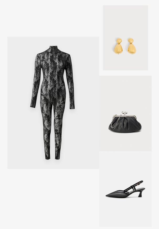 Schwarzer Spitzensbody mit langen Ärmeln, hohem Kragen und floralem Muster, das die gesamte Fläche bedeckt. Figurbetontes Design mit transparenter Textur.; Schwarzer spitzer Slingback-Schuh mit Mesh-Obermaterial, dünnen Riemen, goldener Schnalle und niedrigem, geschwungenem Absatz auf weißem Hintergrund.; Schwarze Leder-Clutch mit geraffter Textur, silberfarbener Metallrahmen, Druckverschluss und Kettenriemen. Glatte, weiche Oberfläche.; Paar glänzende goldene tropfenförmige Ohrringe mit einem kleineren abgerundeten oberen Teil, der mit einem größeren birnenförmigen unteren Teil verbunden ist.