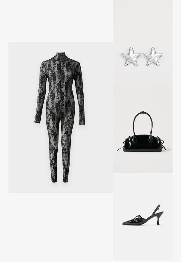 Sort blonde bodysuit med lange ærmer, høj krave og blomstermønster, der dækker hele overfladen. Tæt siddende design med gennemsigtig tekstur.; ALOHAS JOELLE ONIX - Pumps - black; Lille sort blank håndtaske med to lange håndtag og snøre-detaljer i siden på en ensfarvet lys baggrund.; Sølvstjernede øreringe med en poleret, blank overflade. Hver ørering har fem spidser og subtile teksturdetaljer på overfladen.