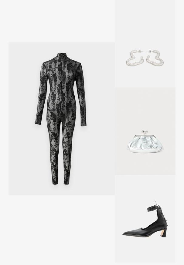 Sort blonde bodysuit med lange ærmer, høj krave og blomstermønster, der dækker hele overfladen. Tæt siddende design med gennemsigtig tekstur.; Sort lavhælet lædersko med spids tå, snøredetalje bagpå og ankelrem mod en ensartet hvid baggrund.; Lille sølvfarvet metallisk clutch-pung med rundet, rynket design og lukning med to sølvkugler.; Sølvfarvede øreringe med et bølget, abstrakt design prydet med små, funklende krystaller. Sikret med en studs baglukning.