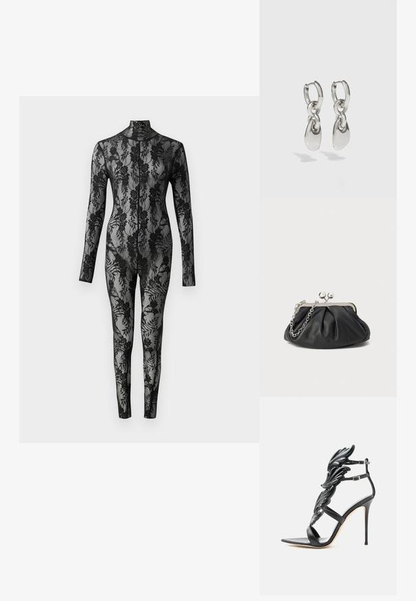Sort blonde bodysuit med lange ærmer, høj krave og blomstermønster, der dækker hele overfladen. Tæt siddende design med gennemsigtig tekstur.; Sort højhælet sandal med vingeformede blanke dekorative elementer og dobbelte ankelstropper med sølvspænder.; Sort læder clutch med samlet tekstur, sølvfarvet metalramme, kys-lås lukning og kædestrop. Glat, blød overflade.; Sølvøreringe med forlængede ovale led, der har en poleret overflade og en struktureret dråpevedhæng. Enkel design med glatte kanter.