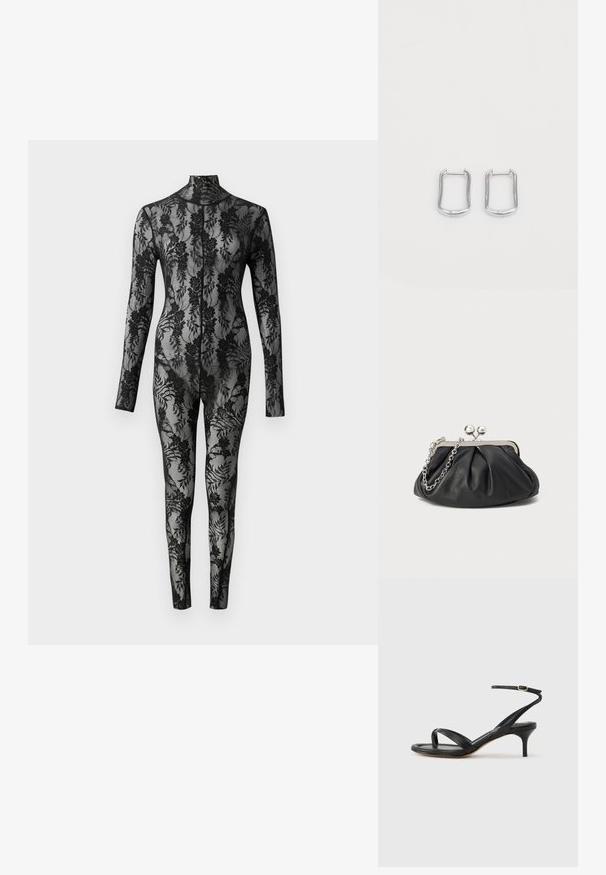 Zwart kanten bodysuit met lange mouwen, hoge kraag en een bloemmotief dat het hele oppervlak bedekt. Strak aansluitend ontwerp met doorzichtige textuur.; Zwarte leren dames sandaal met dunne bandjes, een teengreep, een enkelgesp en een stilettohak van gemiddelde hoogte op een neutrale achtergrond.; Zwarte leren clutch met geplooide textuur, zilverkleurig metalen frame, drukknopsluiting en kettingriem. Glad, zacht oppervlak.; Zilveren metalen hoepeloorbellen met een rechthoekige vorm en licht afgeronde hoeken, met een gladde textuur en een eenvoudig, minimalistisch ontwerp.