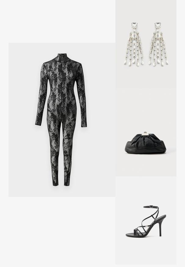 Sort blonde bodysuit med lange ærmer, høj krave og blomstermønster, der dækker hele overfladen. Tæt siddende design med gennemsigtig tekstur.; Sort højhælet sandal med tynde stropper, en ankelspænde, en glat læderoverflade og en slank stilethæl.; Sort læderclutch med en samlet tekstur, metal lukning og diskret præget logo på forsiden. Rundet form.; Sølvfarvede chandelier øreringe med firkantede studs, runde perler og hængende kæde-strenge der ender i dråbeformede charms.