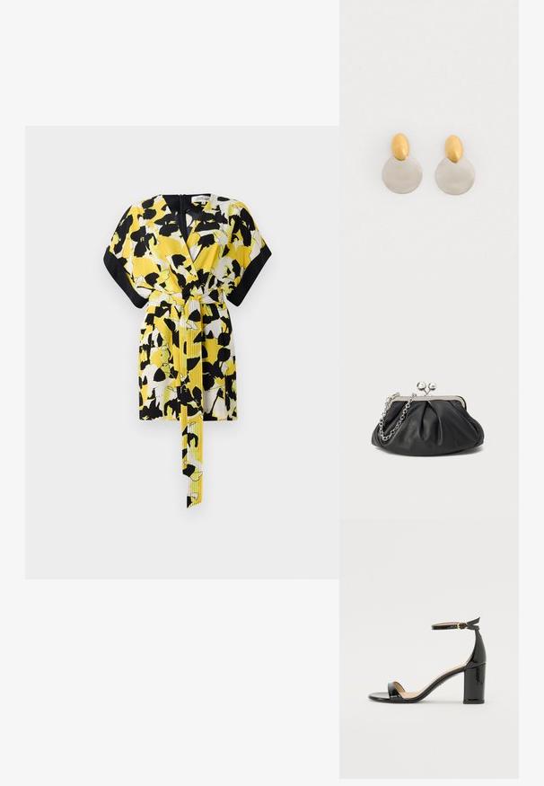 Robe portefeuille florale jaune et noire avec des manches courtes, une ceinture et un col en V. Présente un motif audacieux et une texture lisse.; Sandale à talon haut en cuir verni noir avec bride à la cheville et boucle dorée, bout ouvert et talon bloc sur fond blanc.; Porte-monnaie en cuir noir avec texture froncée, cadre en métal argenté, fermeture à verrouillage kiss-lock et bandoulière en chaîne. Surface lisse et douce.; Boucles d'oreilles en métal doré et argenté avec une base en disque rond et une pièce supérieure ovale, texture lisse et finition polie.