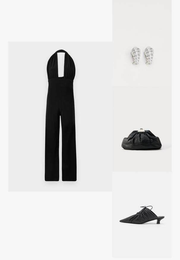 Mustor halterjumpsuit, mille sügava dekoltee, kogutud kehaosa ja laia jala disainiga. Kanga tekstuur on sile ja värv ühtlane.; Mustad nahast libisemisega mullingud terava varbaga, volditud tekstuuriga ja väikese kitinõelaga. Omab tõmbluku detaili avas.; Mustast nahast käekott kogutud tekstuuriga, metallist kinnituslukk ja esiküljel peenelt reljeefne logo. Ümar kuju.; Hõbedased klamber kõrvarõngad, millel on spiraalne disain, millel on sile metalliline tekstuur ja ümarad kujundid. Nähtavad ehted või mustrid puuduvad.