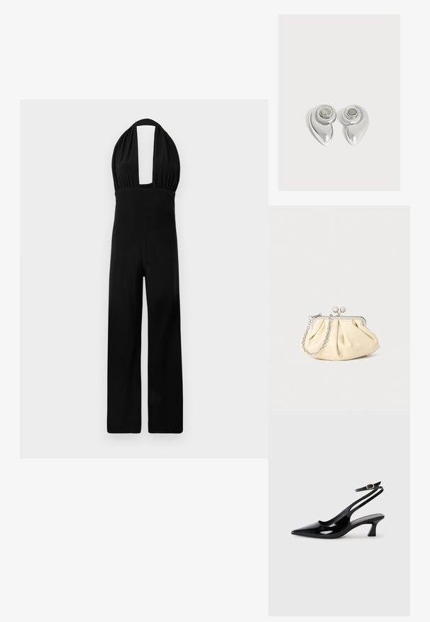 Zwarte halter jumpsuit met een diepe halslijn, geplooide bodice en een wijde broekspijp. De stof heeft een gladde textuur en een consistente kleur.; Zwarte gepatineerde leren slingback hakken met een puntige neus, lage blokhak en een verstelbare enkelband met een gouden gespsluiting.; Geplooide beige leren clutch met een zilveren metalen frame, voorzien van twee ronde decoratieve sluitingen en een zilveren kettingriem.; Paar glanzende zilverkleurige metalen oorbellen met een spiraalvormig ontwerp en een cirkelvormige steen in het midden op een effen witte achtergrond.