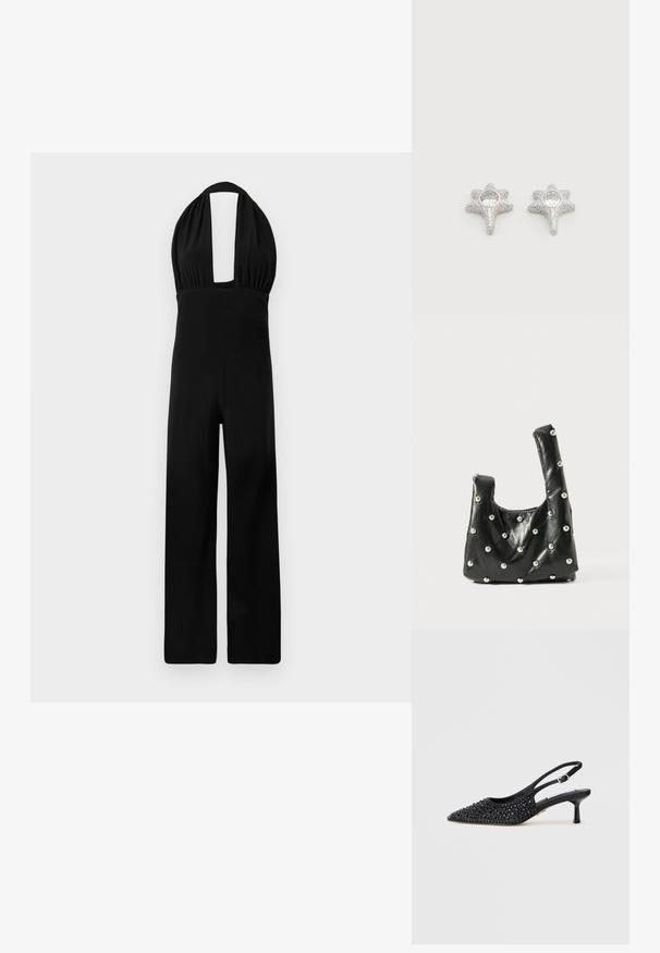 Mustor halterjumpsuit, mille sügava dekoltee, kogutud kehaosa ja laia jala disainiga. Kanga tekstuur on sile ja värv ühtlane.; Mustad varbaga kitten konts king musta terava ninaga, kaetud väikeste mustade rhinestone'idega, valgel taustal.; Mustad nahast kott pehme tekstuuriga, ümarate ülemiste käepidemetega ja metalse pärlakattega pinnal. Kompaktne, struktureeritud kuju.; Hõbedased tähekujulised kõrvarõngad tekstureeritud pinnaga, mille keskel on ümmargune, selge vääriskivi. Sädeleva viimistlusega, mis suurendab visuaalset atraktiivsust.
