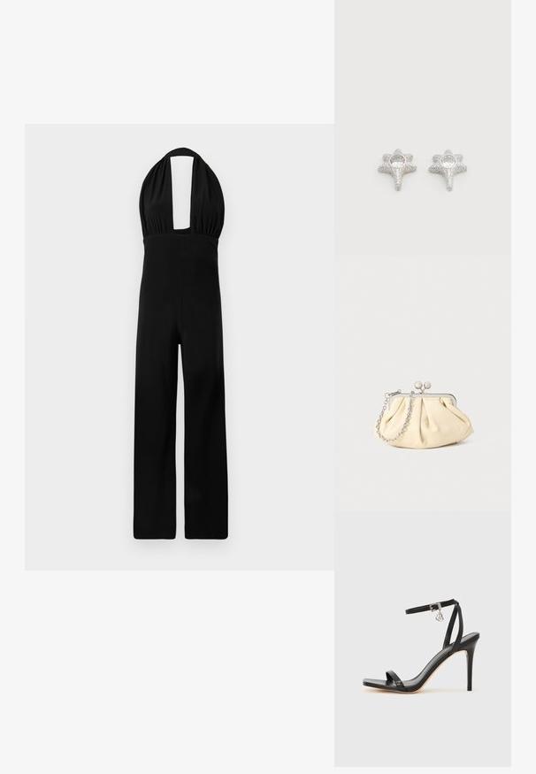 Mustor halterjumpsuit, mille sügava dekoltee, kogutud kehaosa ja laia jala disainiga. Kanga tekstuur on sile ja värv ühtlane.; Mustad kõrge kontsaga sandaal kitsaste pahkluu rihmadega, kandilise varbaosaga, siledast nahast ning metallist pandla aktsendiga.; Kortsus beežist nahast kotike, millel on hõbedane metallraam, kaunistatud kahe ümmarguse dekoratiivse lukuga ja hõbedase ketispideme. ; Hõbedased tähekujulised kõrvarõngad tekstureeritud pinnaga, mille keskel on ümmargune, selge vääriskivi. Sädeleva viimistlusega, mis suurendab visuaalset atraktiivsust.
